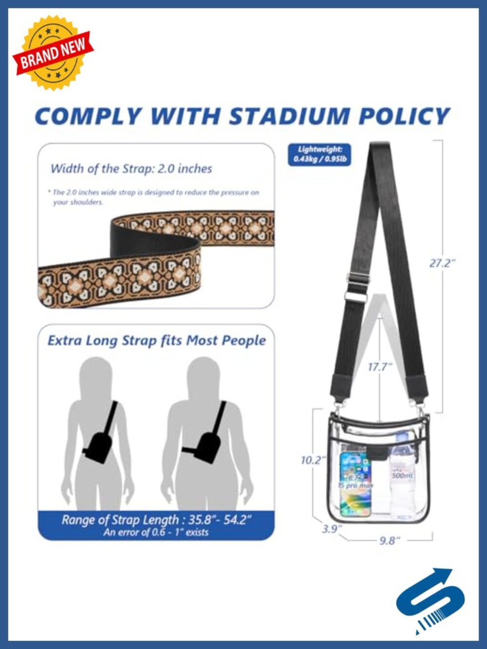 Clear Crossbody Bag Stadium Approved with 2 Straps See Through Concert Purse - Picture 2 of 6
